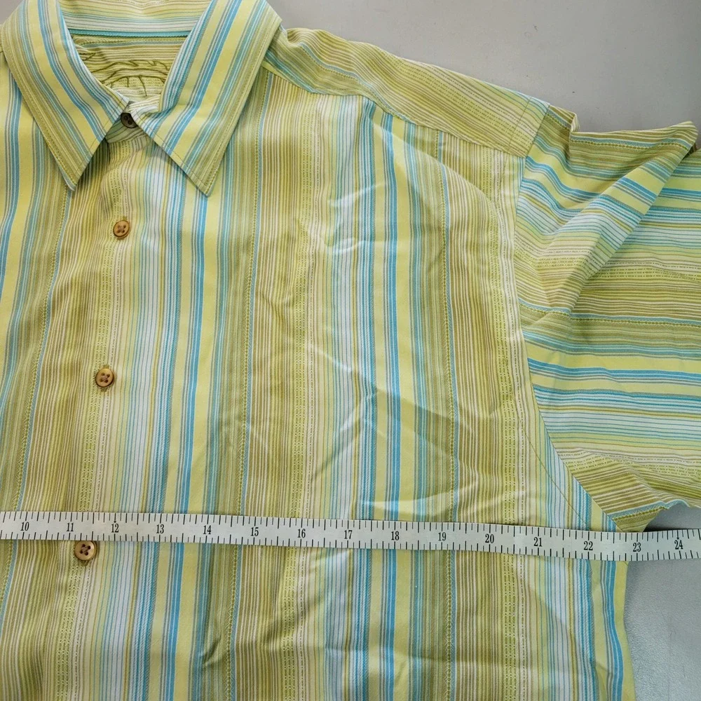 Tommy Bahama Mens Medium 100% Silk‎ Striped Short Sleeve Button Down Shirt Green